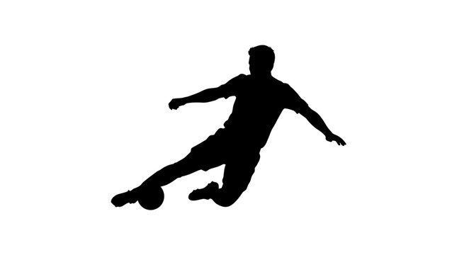 Soccer player silhouette in action, professional football athlete kicking ball vector, dynamic sports man figure isolated on white background