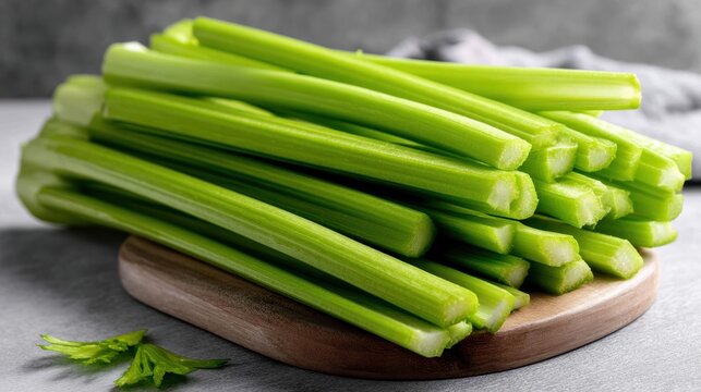 A bunch of celery sticks on a wooden cutting board.