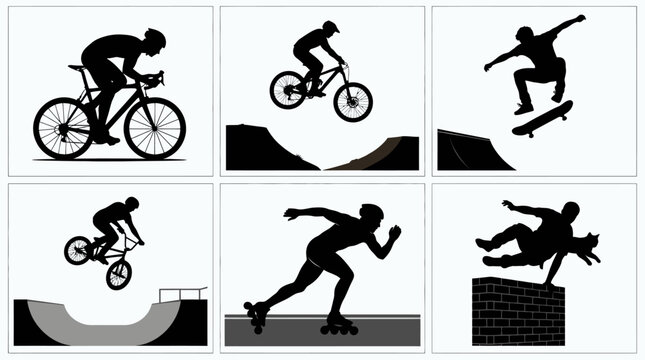 Extreme sports silhouette collection, 6 vector icons of cycling, skateboarding, and parkour, black athletic figures in motion for urban lifestyle design