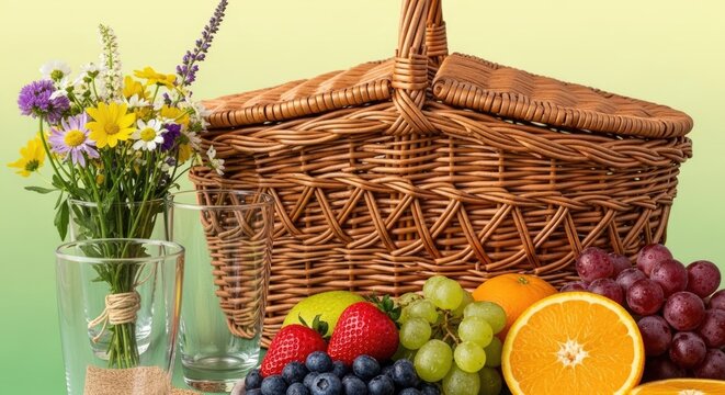 picnic basket with fruits and flowers