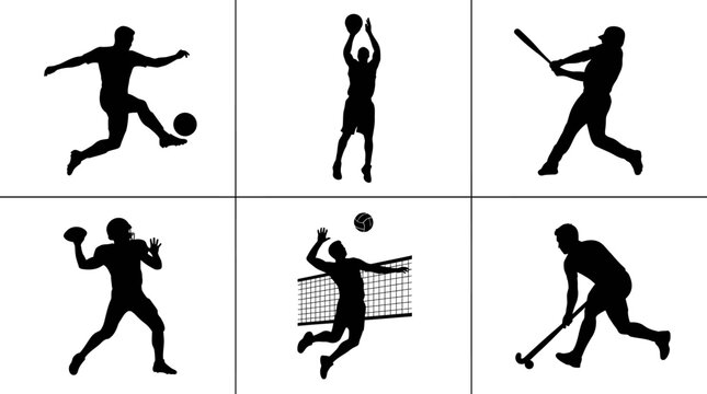 Athletic sports silhouette collection, set of 6 vector icons featuring soccer, basketball, baseball, football, volleyball, and hockey players
