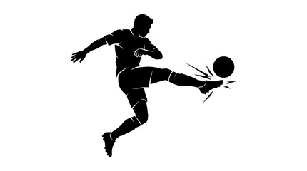 Naklejka premium Dynamic soccer player silhouette kicking ball, black football athlete vector illustration, athletic man performing powerful strike on white background