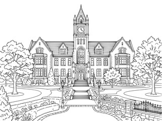 Fototapeta premium Collegiate Gothic University Campus Architecture Coloring Book Page Illustration