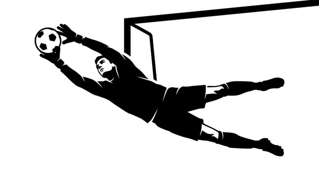 Soccer goalkeeper silhouette diving to catch ball, football goalie making a save in front of goal post, black and white sports vector illustration
