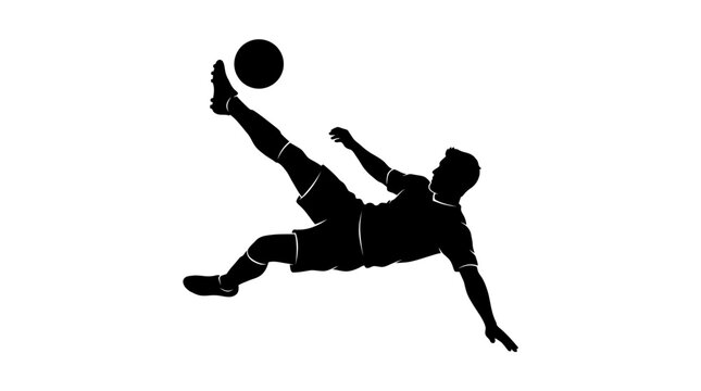 Soccer player silhouette performing bicycle kick, football athlete mid-air action vector, professional sportsman scoring goal graphic on white background