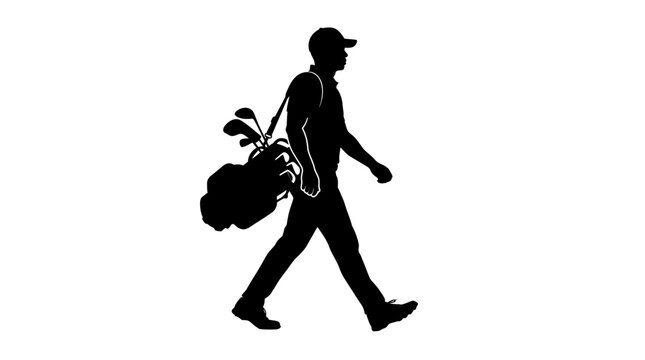Golfer silhouette walking with golf bag, male player carrying clubs on shoulder vector, professional golf athlete side view isolated on white