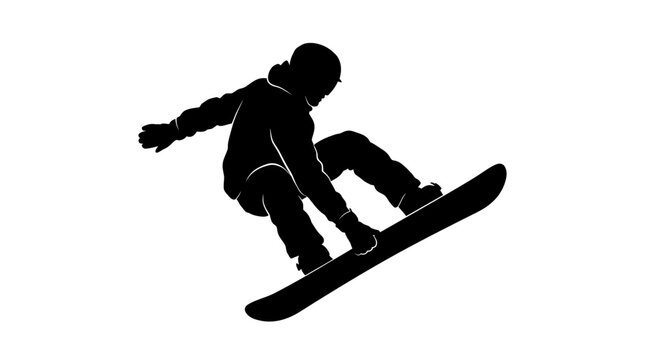Snowboarder silhouette performing an air jump trick, black vector athlete on white background, winter sports extreme action graphic