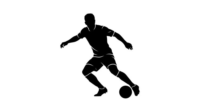 Soccer player silhouette dribbling ball, professional football athlete vector icon, black and white sports figure isolated on white background