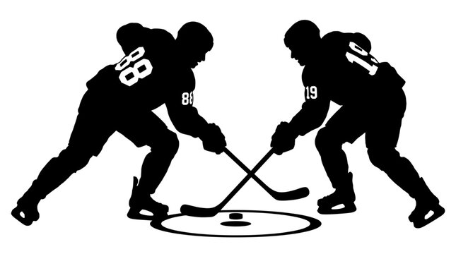 Ice hockey face-off silhouette, professional hockey players with sticks and puck vector, competitive winter sports action graphic for team logos