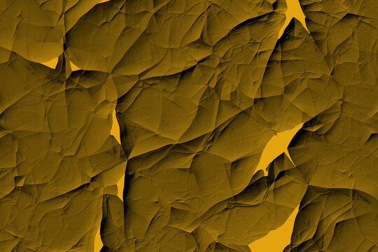 Abstract golden crumpled paper texture layers creating geometric shadows and deep creases surface design pattern