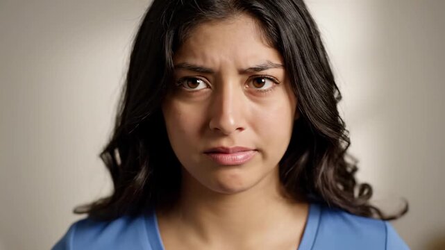 A young thoughtful woman with long dark wavy hair stares intensely at the camera while wearing a blue shirt as she experiences a moment of curious contemplation regarding her current life path