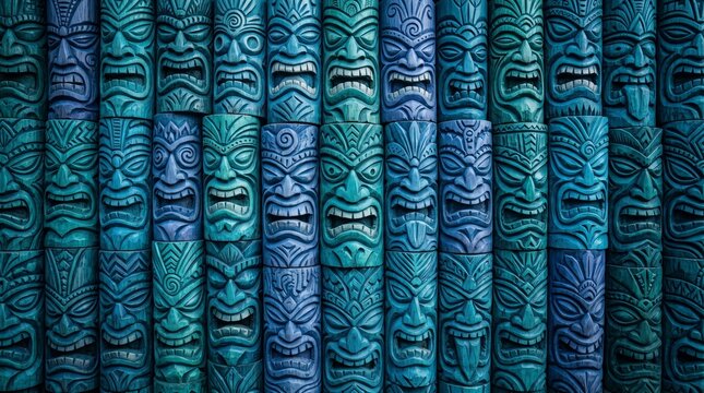 Blue and teal Polynesian Tiki mask pattern background