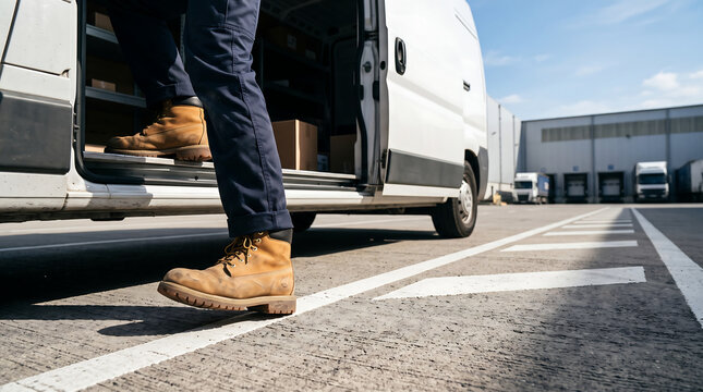 Low angle view of a worker in heavy duty boots climbing out of a white delivery van parked in an industrial loading area with delivery logistics transport shipping