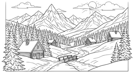 Fototapeta premium Scenic Mountain Village Landscape with Log Cabins and River Coloring Page
