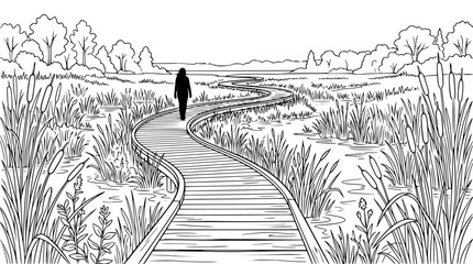 Fototapeta premium Person Walking on Winding Boardwalk Through Marsh Line Art