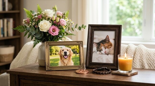 Pet memorial display with framed photos of a dog and cat on a wooden table. Remembrance arrangement with flowers, lit candle, and paw print token in a home setting