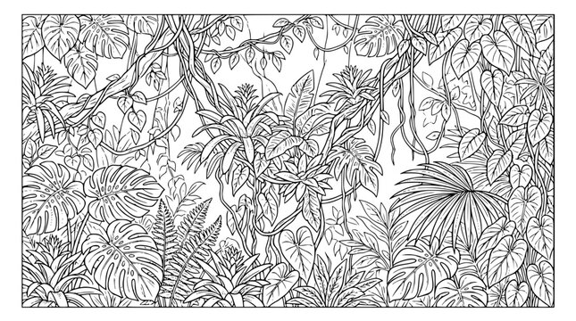 Detailed Tropical Rainforest Plants and Leaves Coloring Page Line Art