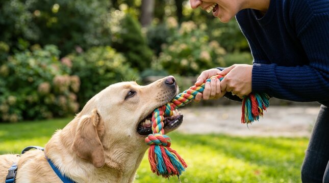 Woman playing tug of war with a yellow labrador retriever. Female owner pulling a colorful rope toy with her dog outdoors in a green park. Active pet lifestyle and bonding