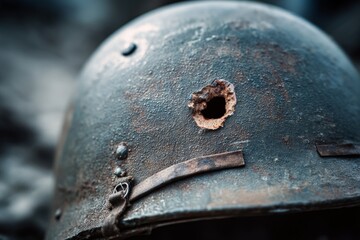 Naklejka premium Close-up of an old military helmet featuring a prominent bullet hole symbolizing battle and resilience in war. A striking image depicting history and loss. Generative AI