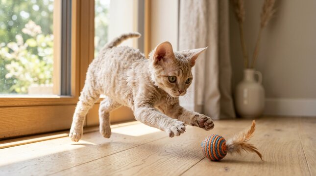 Playful kitten pouncing on a colorful ball toy with feathers. Energetic curly haired cat jumping on a wooden floor