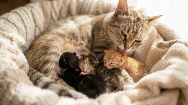 Mother cat licking her orange newborn kitten in a cozy knitted bed. Feline family sleeping together on a soft blanket