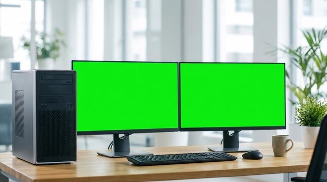Dual Monitor Computer Setup with Green Screens on a Wooden Desk.