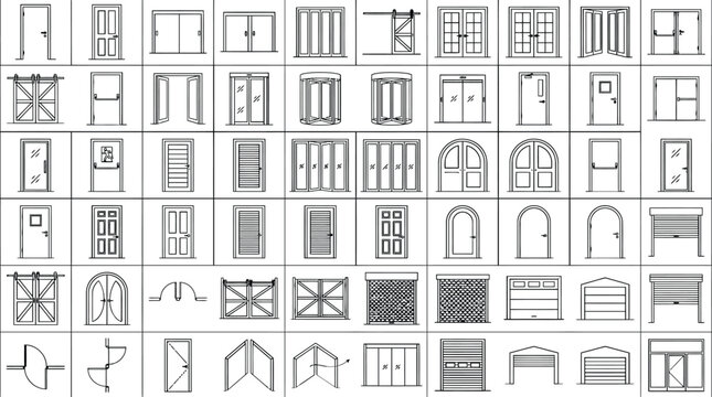 doors and windows CAD blocks vector set. Architectural floor plan symbols, window and door details, elevations, AutoCAD drafting, building design, and construction drawings