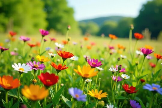 Vibrant late summer wildflowers carpet a meadow , summer, closeup, september