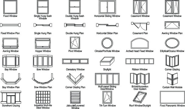 window CAD blocks vector set. Architectural window symbols for floor plans, elevations, AutoCAD drawings, building design, construction drafting, renovation plans, and blueprint details