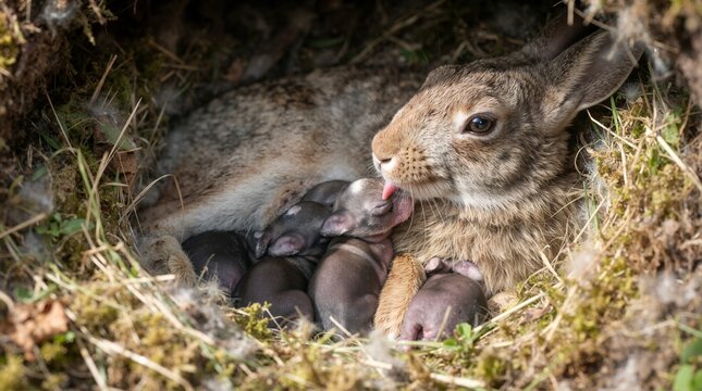 Wild rabbit mother grooming her newborn kits in a dirt burrow nest. Close-up of a mother hare caring for her hairless babies in nature