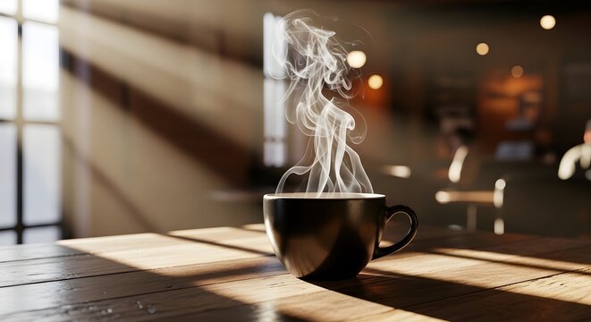 Steaming cup of hot coffee on a wooden table in a cozy cafe with soft morning sunlight streaming through the window