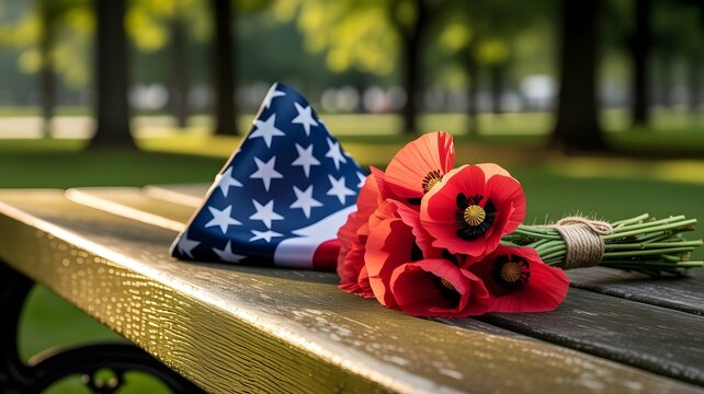 A folded american flag and a bouquet of red poppies resting on a wooden bench in a park, symbolizing remembrance, memorial day, and honor for fallen soldiers