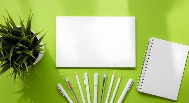 Top view of a blank paper sheet, spiral notebook, and various pens and pencils arranged on a vibrant green desk background with a potted plant
