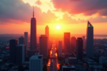 Fototapeta premium Blurred sunrise illuminating high-rises, sun rays, blurred, high angle, sunbeams