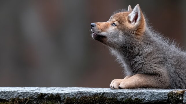 A young wolf cub resting on a stone wall.
