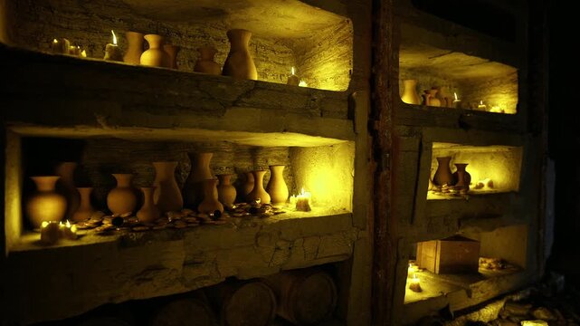 Shelves showcasing artisan vases at dusk with warm lamp glow, boutique arrangement of handmade ceramics and textured finishes, quiet retail mood emphasizing