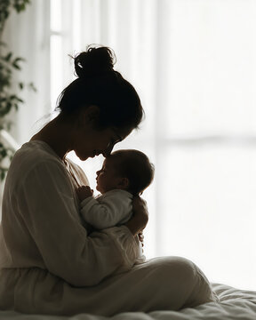 Silhouette of mother holding newborn baby lovingly near sunlit window