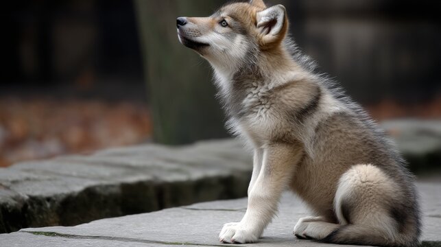 A young wolf sits on a stone wall, looking up at the sky.