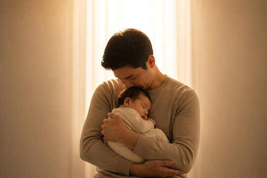Father gently kissing sleeping newborn baby head in warm cozy light