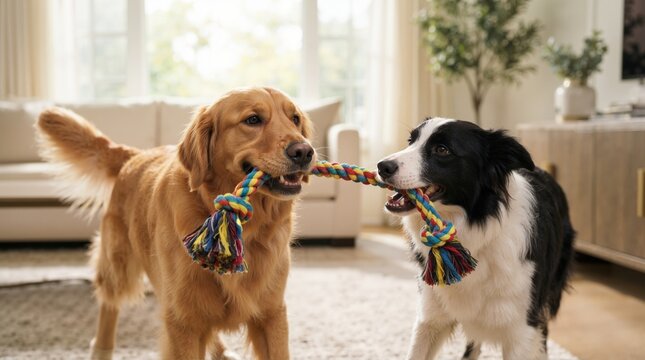 Golden retriever and border collie playing tug of war in a living room. Two dogs pulling a colorful braided rope toy. Playful pets at home