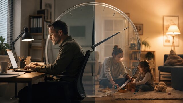Conceptual split-screen image depicting father working overtime at his desk while mother and child play together at home, symbolizing balance between career and family life.