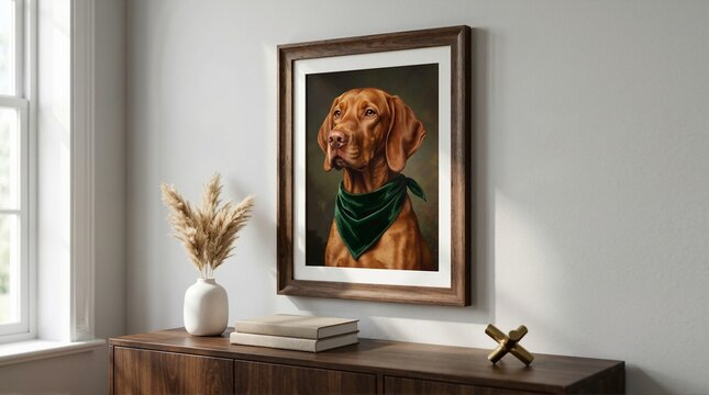 Vertical framed portrait of a Vizsla dog wearing a green bandana. Modern living room decor with wooden console table and pampas grass. Pet art on wall concept