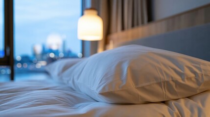 Fototapeta premium The Bed in a Modern Hotel Room with Soft Evening Lighting