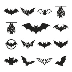 Obraz premium Fifteen distinct black bat icons are presented on a white background, featuring various stylized shapes for both flying and hanging poses.