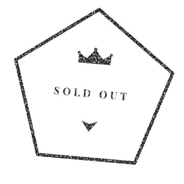 Vintage sold out rubber stamp, black ink grunge seal with crown icon, pentagon shaped retail label for out of stock products