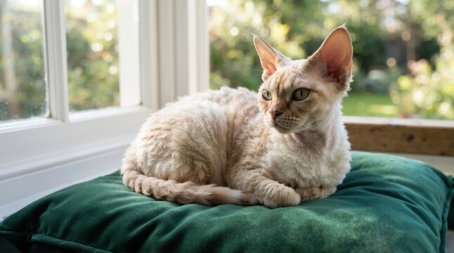 Devon Rex cat resting on a green velvet cushion near a window. Curly haired cream cat looking away in a bright room