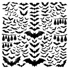 Fototapeta premium Large collection of diverse bat silhouettes includes various flying and hanging poses, providing a comprehensive set of graphic elements for Halloween and themed projects.