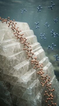Single stranded rna polymer, aligning along montmorillonite clay mineral crystalline lattice, catalyzing prebiotic molecule assembly, during primordial origin of life through chemical abiogenesis.