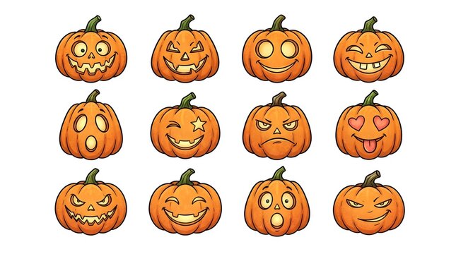 A collection of twelve hand drawn watercolor halloween jack o lantern pumpkins with various funny and spooky facial expressions isolated on a white background design