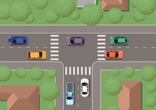 Top view T junction with city traffic. Vector illustration
